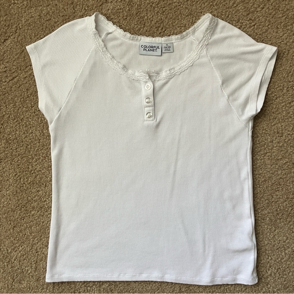 Colorful Planet White Ribbed Top EUC